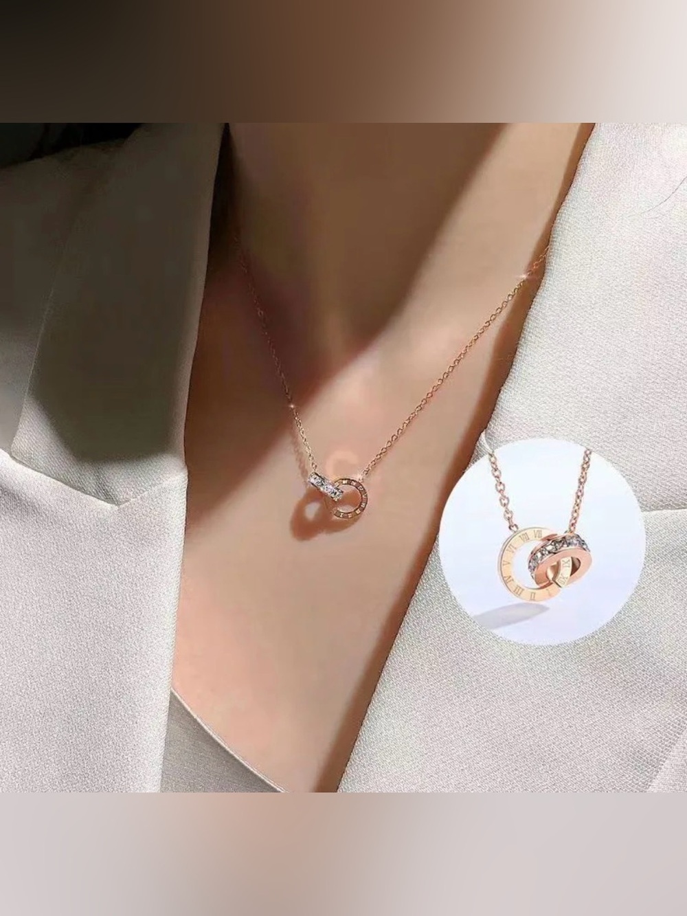 Dainty Rose Gold Interlocking Ring/Circle Roman Numerals Pendant Necklace